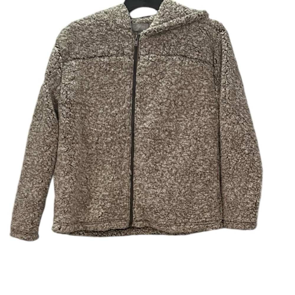 CoffeeShop Brown Oversized EUC Frosty Tipped Stadium Zip Sherpa Teddy Pullover